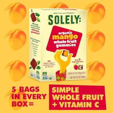SOLELY Organic Fruit Gummies Variety Pack, Mango, Mango & Orange, Mango & Guaba, Mango & Passion Fruit, Total 4 Packs, LIVEBEAR Assortment.