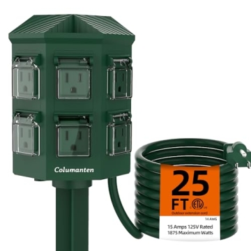 Columanten Outdoor Power Stake: Ultimate Waterproof 25ft Extension Cord with 6 Outlets