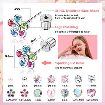 YADOCA 14 Pairs Hypoallergenic Screw Back Earrings for Girls Women Surgical Steel Tiny CZ Pearl Ball...