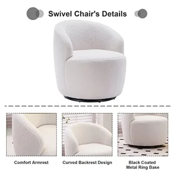 CALABASH Swivel Chairs, Barrel Chair for Living Room, Small Accent Round 360° Club Modern Teddy Upholstered Arm Chairs Bedroom, Office, Hotel(White)
