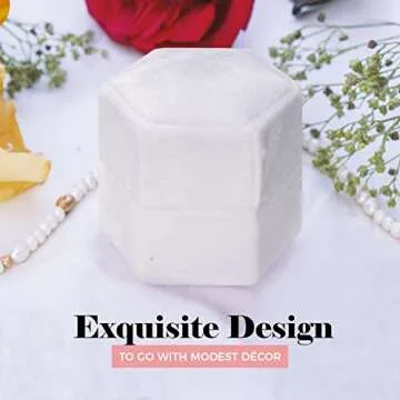 NIMSIN Premium Velvet Ring Box for Wedding Ceremony | Elegant & Cute Wedding Ring Box w/Detachable Lid | Ideal For Photoshoots, Proposal, Engagement & Wedding Events | Hexagon Double Ring Box (White)