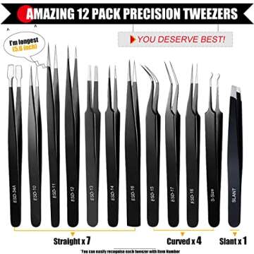 Antonki 12 Pack Tweezers, Precision Tweezers Set, Craft Tweezer Kit, Soldering Tweezers, Jewelry Tweezers, Pointed Ingrown Hair Tweezers, Eyelash Extension Tweezers, Eyebrow Tweezers - with Case