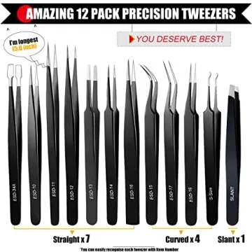 Antonki 12 Pack Tweezers, Precision Tweezers Set, Craft Tweezer Kit, Soldering Tweezers, Jewelry Tweezers, Pointed Ingrown Hair Tweezers, Eyelash Extension Tweezers, Eyebrow Tweezers - with Case