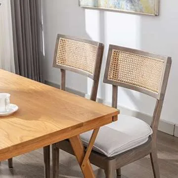 QUINJAY Rattan Farmhouse Dining Chairs Set of 4, Linen French Country Dining Chairs with Hollow Back, Double Upholstered Dining Room Chairs Kitchen Chairs with Wood Frame for Living Room, Light Brown