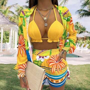 Women's Hawaiian 3 Piece Outfits Sets Floral Blouse Swimsuit Cover Ups Halter Bikini Top Mini Short ...