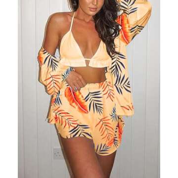 Women's Hawaiian 3 Piece Outfits Sets Floral Blouse Swimsuit Cover Ups Halter Bikini Top Mini Short Summer Beachwear Yellow M