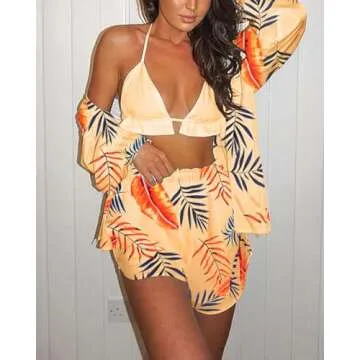 Women's Hawaiian 3 Piece Outfits Sets Floral Blouse Swimsuit Cover Ups Halter Bikini Top Mini Short Summer Beachwear Yellow M