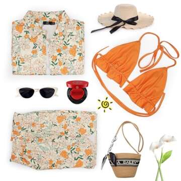 Women's Hawaiian 3 Piece Outfits Sets Floral Blouse Swimsuit Cover Ups Halter Bikini Top Mini Short Summer Beachwear Yellow M