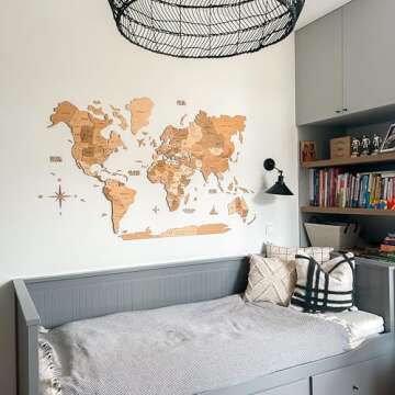 ENJOY THE WOOD 3D Wood World Map Wall Art Large Wood Wall Décor Housewarming Gift Idea Wood Wall Art World Travel Map For Home & Kitchen or Office (Large, Light)