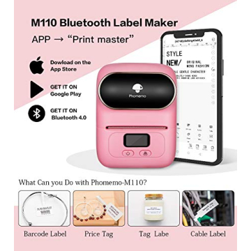 Phomemo Label Printer - M110 Thermal Label Printer Barcode Label Maker Mini Bluetooth Sticker Printer for Small Business, Home, Office, Logo, Address, Name Tag, Clothing, Organizing, Pink