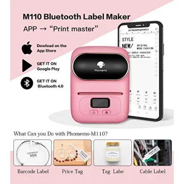 Phomemo Label Printer - M110 Thermal Label Printer Barcode Label Maker Mini Bluetooth Sticker Printer for Small Business, Home, Office, Logo, Address, Name Tag, Clothing, Organizing, Pink