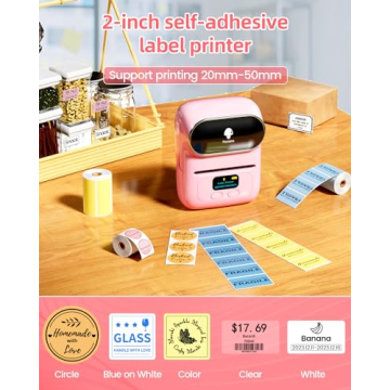 Phomemo Label Printer - M110 Thermal Label Printer Barcode Label Maker Mini Bluetooth Sticker Printer for Small Business, Home, Office, Logo, Address, Name Tag, Clothing, Organizing, Pink