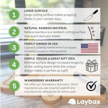 Laybax Large Bamboo Camping Cutting Board - 15.75x11x.75 inches, RV Shaped with Drip Edge, Hand Wash...