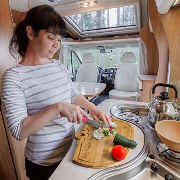 Laybax Large Bamboo Camping Cutting Board - 15.75x11x.75 inches, RV Shaped with Drip Edge, Hand Washable, Perfect for Camper Owners, Unique Camper Decor, RV Camping Must Haves