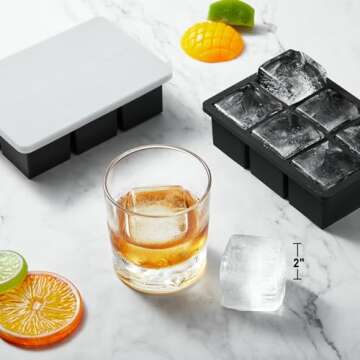 ACOOKEE Large Silicone Ice Cube Tray with Lid 2 Pack, Stackable Square Ice Cube Molds for Whiskey,Cocktails,Baby Food Soup Frozon Treat, kitchen Bourbon Gifts Stocking Stuffers for Adults Men Women