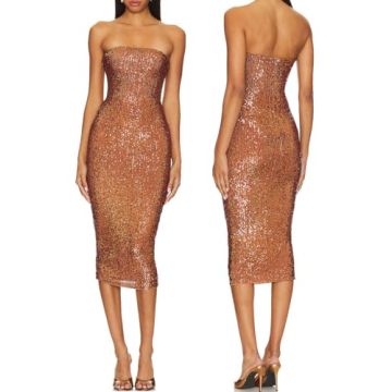Capuffy Women Strapless Sequin Fantasy Midi Dress for Cocktail Parties