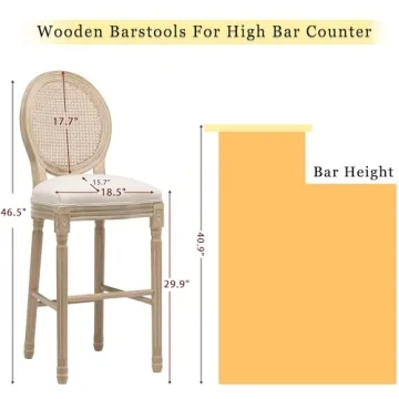 Lierpit Solid Wood Bar stools Set of 2, Classic French Country Wooden Barstools with Upholstered Seating, 30” Kitchen Bar Stool for High Bar Counter (Beige, Rattan Back)
