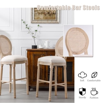 Lierpit Solid Wood Bar stools Set of 2, Classic French Country Wooden Barstools with Upholstered Seating, 30” Kitchen Bar Stool for High Bar Counter (Beige, Rattan Back)
