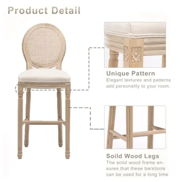 Lierpit Solid Wood Bar stools Set of 2, Classic French Country Wooden Barstools with Upholstered Seating, 30” Kitchen Bar Stool for High Bar Counter (Beige, Rattan Back)