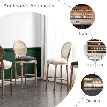 Lierpit Solid Wood Bar stools Set of 2, Classic French Country Wooden Barstools with Upholstered Seating, 30” Kitchen Bar Stool for High Bar Counter (Beige, Rattan Back)