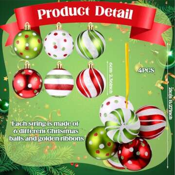 Syhood 4 Sets 24 Pcs Christmas Ball Ornaments for Tree Pre Strung Plastic Xmas Tree Decorations Shat...