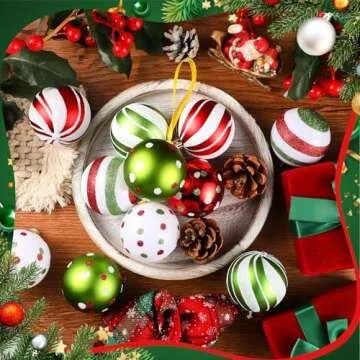 Syhood 4 Sets 24 Pcs Christmas Ball Ornaments for Tree Pre Strung Plastic Xmas Tree Decorations Shatterproof Red White and Green 2.36'' Christmas Balls Christmas Tree Ornaments for Hanging Holiday