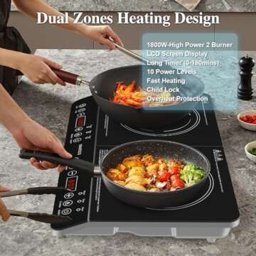 Double Induction Cooktop,1500W/1800W Portable Electric Stove,2 Large 8” Heating Coils,Independent Control,8/10 Temperature & Power Levels,3-hour Timer, Safety Lock