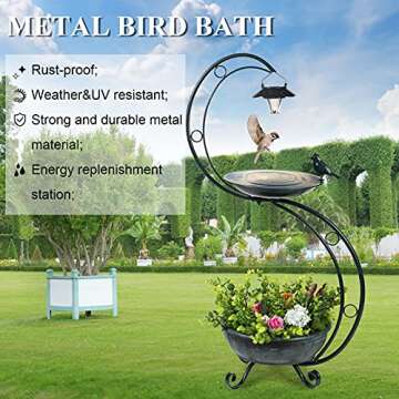 YANZ Bird Baths for Outdoors Solar Lamp, 35.5" Height Metal Bird Bath, Weather Resistant, Vintage Decorative Birdbaths, Flower Planter Pedestal, Fountain Decorations for Garden Yard Lawn-Bronz Green