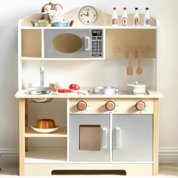 Wooden Play Kitchen, Kids Toy Kitchen Cooking Set for Creative Play