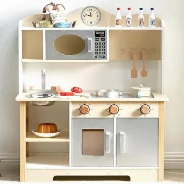 Wooden Play Kitchen, Kids Toy Kitchen Cooking Set for Creative Play