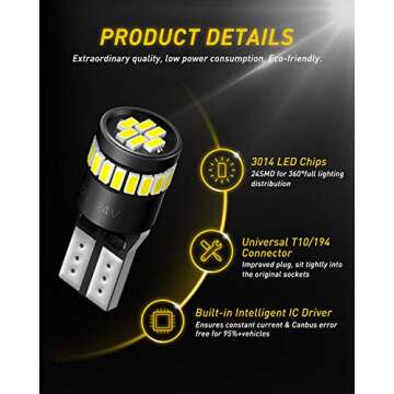 AUXITO 194 LED Light Bulb 6000K White 168 2825 W5W T10 Wedge 24-SMD 3014 Chipsets LED Replacement Li...