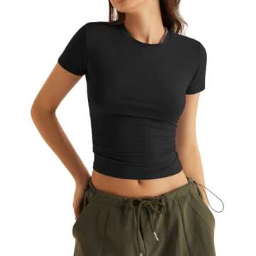 KTILG Black Shirts Women Baby Tees Basic Trendy Fashion 2024 Tops Short Sleeve Summer Casual Workout Crop Shirt Girl Gym Teen Athletic Ladies Fitted Tight T-Shirts