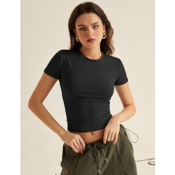 KTILG Black Shirts Women Baby Tees Basic Trendy Fashion 2024 Tops Short Sleeve Summer Casual Workout Crop Shirt Girl Gym Teen Athletic Ladies Fitted Tight T-Shirts