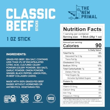 New Primal Grass-Fed Beef Sticks, Healthy Keto Snacks 10 Count