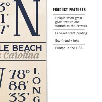 Lantern Press 10x15 Inch Wood Sign, Ready to Hang Wall Decor, Myrtle Beach, South Carolina, Latitude and Longitude (Blue)