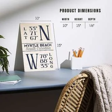 Lantern Press 10x15 Inch Wood Sign, Ready to Hang Wall Decor, Myrtle Beach, South Carolina, Latitude and Longitude (Blue)