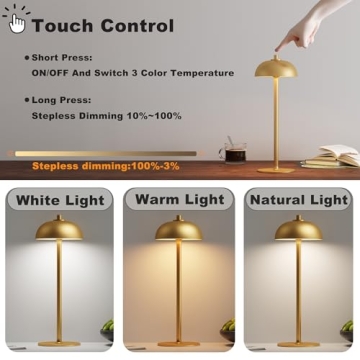 JONEMO 2 Pack Cordless Table Lamp, 5000mAh Portable Rechargeable Table Lamp, 3 Color Modes Stepless Dimming Table Light with Memory Function, for Dinner, Patio, Home, Restaurant.(Gold)