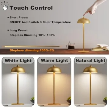 JONEMO 2 Pack Cordless Table Lamp, 5000mAh Portable Rechargeable Table Lamp, 3 Color Modes Stepless Dimming Table Light with Memory Function, for Dinner, Patio, Home, Restaurant.(Gold)