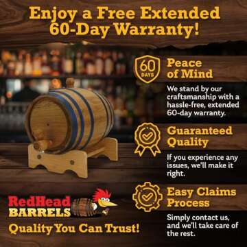 Red Head Barrels - 1 L Premium Distillery-Grade Oak Barrels for Aging Whiskey, Rum, and More, Ideal for Whiskey Barrel or Wine Barrel, American Charred Oak Barrel with 12-Page Cocktail Recipe Booklet