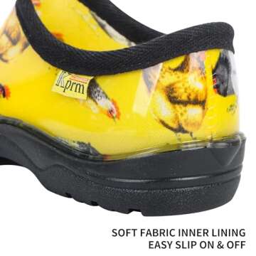 Kprm Flat Garden Shoes for Women Waterproof Slip-On Womens Rubber Rain Shoes Gardening Clogs with Comfort Insole (Chickens Yellow, 8)