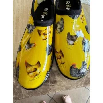 Kprm Flat Garden Shoes for Women Waterproof Slip-On Womens Rubber Rain Shoes Gardening Clogs with Comfort Insole (Chickens Yellow, 8)