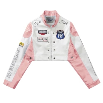 Aelfric Eden Leather Jacket Varsity Jacket for Women Color Block Bomber Vintage Crop Racing Jackets