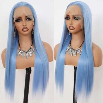 Maycaur Light Blue Lace Front Wigs Long Straight Glueless Wigs for Fashion Women Pre Plucked Hairlin...