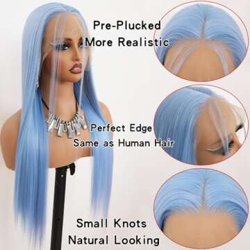 Maycaur Light Blue Lace Front Wigs Long Straight Glueless Wigs for Fashion Women Pre Plucked Hairline 24 Inch Synthetic Lace Front Wig with Natural Baby Hair