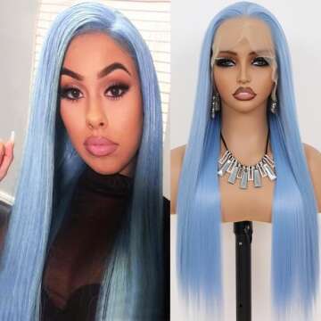Maycaur Light Blue Lace Front Wigs Long Straight Glueless Wigs for Fashion Women Pre Plucked Hairline 24 Inch Synthetic Lace Front Wig with Natural Baby Hair