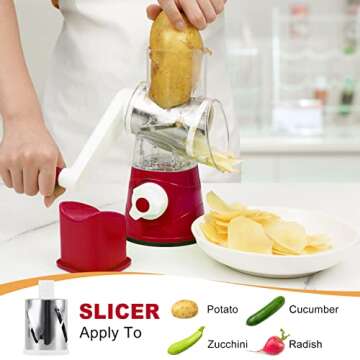 Elyum Rotary Cheese Grater Manual Cheese Grater with Handle 3 Interchangeable Stainless Steel Blades Cheese Shredder Strong Suction Base Cheese Graters for Kitchen Vegetables, Cheese and Nuts (Red)