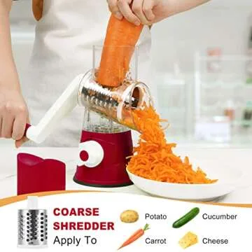 Elyum Rotary Cheese Grater Manual Cheese Grater with Handle 3 Interchangeable Stainless Steel Blades Cheese Shredder Strong Suction Base Cheese Graters for Kitchen Vegetables, Cheese and Nuts (Red)