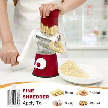 Elyum Rotary Cheese Grater Manual Cheese Grater with Handle 3 Interchangeable Stainless Steel Blades Cheese Shredder Strong Suction Base Cheese Graters for Kitchen Vegetables, Cheese and Nuts (Red)