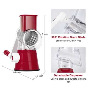 Elyum Rotary Cheese Grater Manual Cheese Grater with Handle 3 Interchangeable Stainless Steel Blades Cheese Shredder Strong Suction Base Cheese Graters for Kitchen Vegetables, Cheese and Nuts (Red)