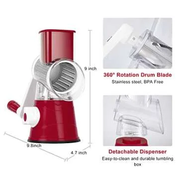 Elyum Rotary Cheese Grater Manual Cheese Grater with Handle 3 Interchangeable Stainless Steel Blades Cheese Shredder Strong Suction Base Cheese Graters for Kitchen Vegetables, Cheese and Nuts (Red)